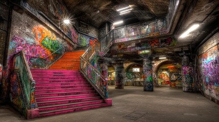 Graffiti-covered underground stairwell