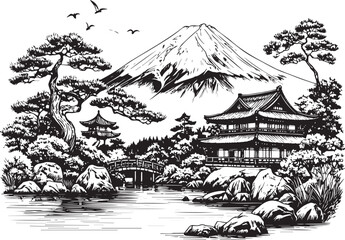 vector illustration of a japanese house garden
