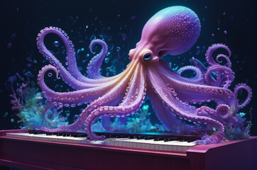 Colorful Octopus Playing Piano in Underwater Scene. Generative AI.
