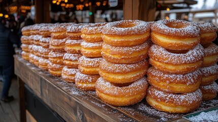 Stacked donuts, sugared and golden, on a rustic wooden counter