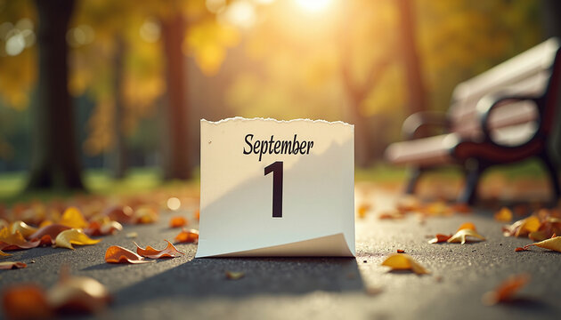 Calendar page flipping to September 1st in autumn landscape  