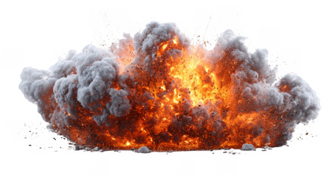 A powerful explosion generates a massive fireball and dense smoke cloud, showcasing intense thermal energy and destructive force.