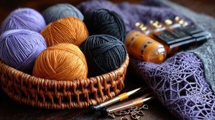 Flat lay with a knitting basket holiday concept