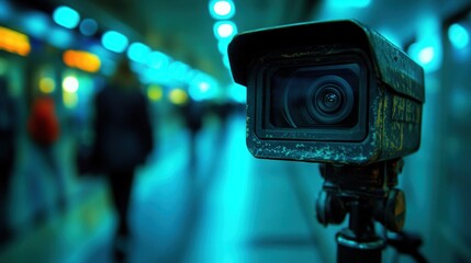 Surveillance camera in a busy subway station