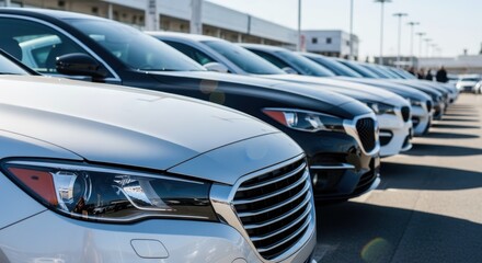 Closeup of shiny new automobiles lined up for customers at a large openair dealership