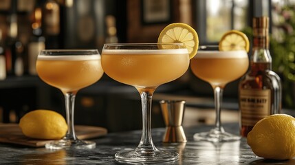 Three cocktails, golden-hued, garnished with lemon slices, sit on a bar counter