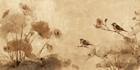 Delicate sepia-toned art depicting lotus leaves and birds