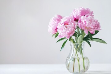 Fototapeta premium Small glass vase with pink peonies on white table, minimalist floral arrangement with clean white background and realistic style
