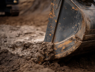 Fototapeta premium Close-up of wet soil in clumps being moved by the edge of a bucket