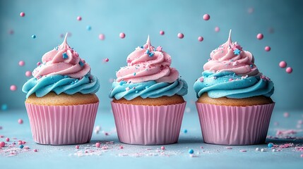 Three cupcakes in pastel pink and blue, topped with swirls of frosting and sprinkles