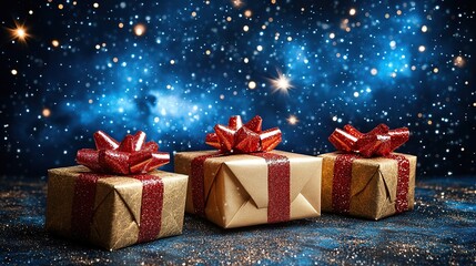 Three gift boxes with red bows against a starry night background