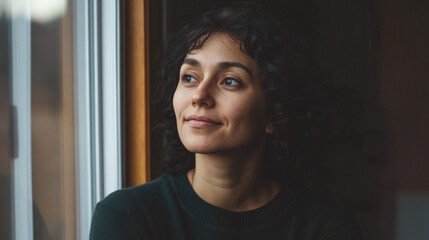Thoughtful young woman with curly hair looking out the window, softly lit by natural light, evoking a calm and introspective mood in a cozy setting.