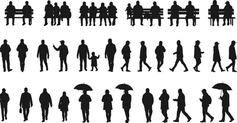 Silhouettes of people walking, sitting, talking, holding umbrellas, family interaction, outdoor lifestyle scene, urban setting, vector illustration pack