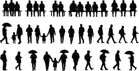 Silhouettes of people walking, sitting, holding umbrellas, families, urban lifestyle, group activity, outdoor scene, city movement, vector illustration