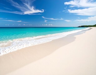 Idyllic tropical beach scene with pristine white sand and azure turquoise ocean water