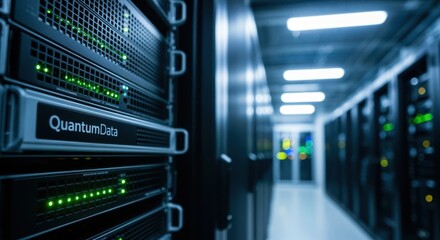 Industrial data center aisle illuminated by ambient fluorescent lighting highlighting hardware units.
