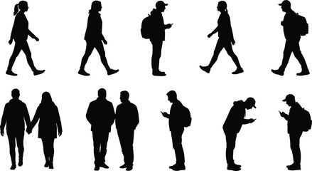 Silhouettes of people walking, standing, using smartphones, interacting, diverse postures, everyday technology, urban lifestyle, vector, black and white