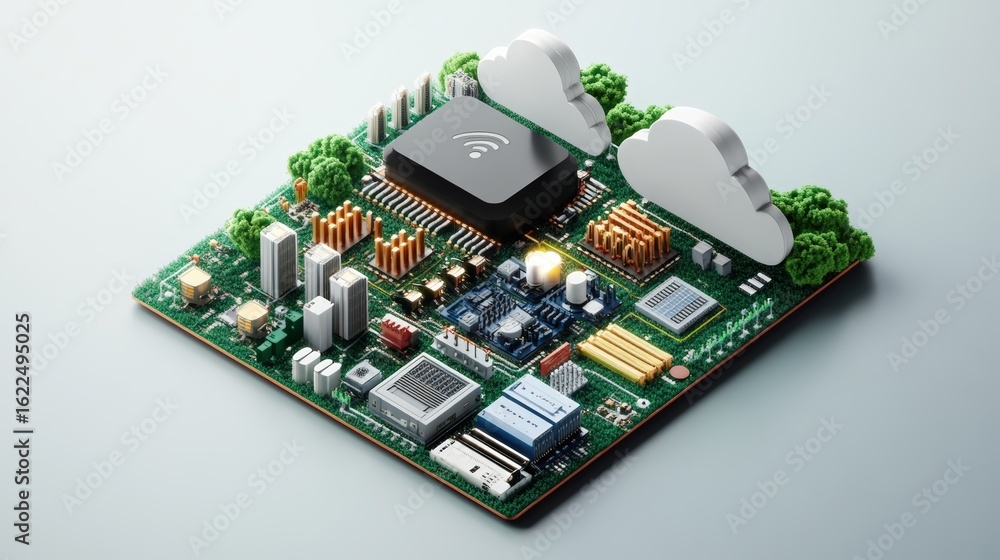 Poster advanced microchip circuit board with cloud server icons and connectivity technology for digital dat