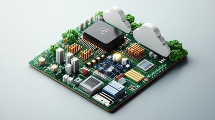 Advanced microchip circuit board with cloud server icons and connectivity technology for digital data processing