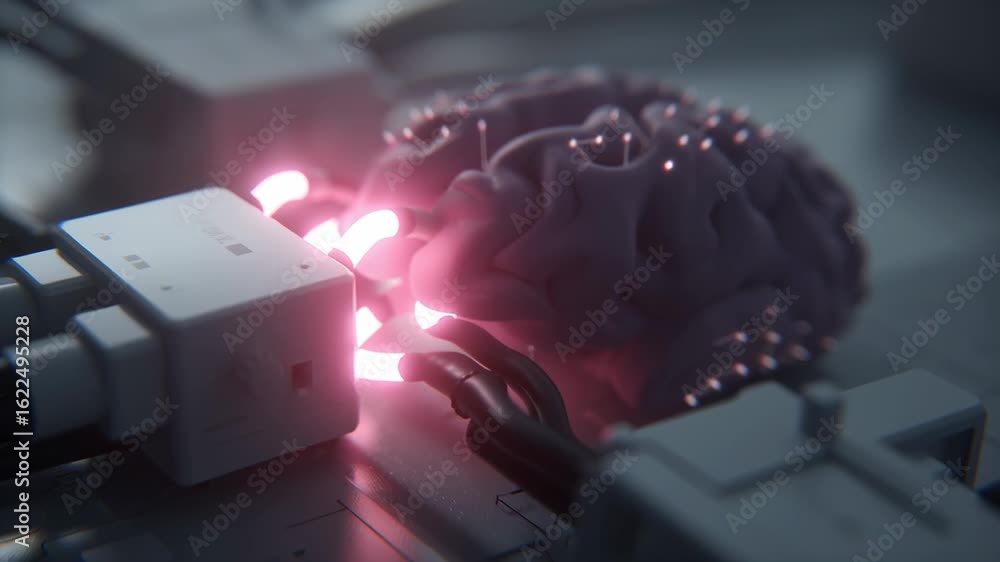 Poster isometric illustration of a brain-machine interface showcasing neural connections and technology int