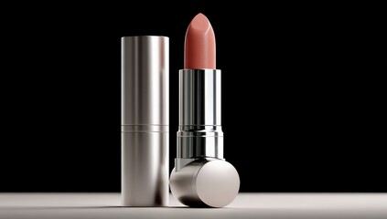Elegant, light-pink lipstick in metallic silver container