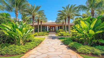 Tropical home entryway with lush landscaping