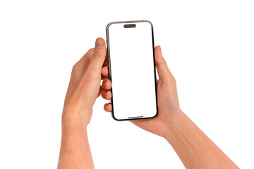Hands using a smartphone with blank customizable screen isolated on transparent PNG.