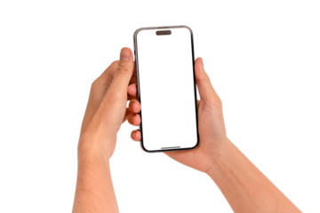 Hands using a smartphone with blank customizable screen isolated on transparent PNG.