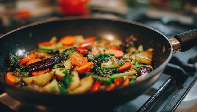 Colorful sauteed vegetables in a pan on a stove