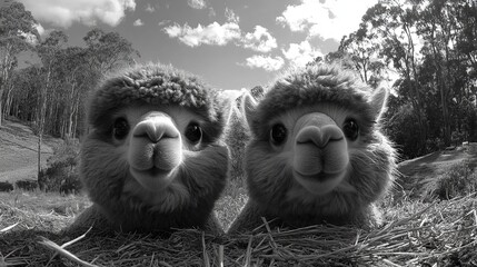 Two adorable alpacas in a black and white photo, peering out from hay
