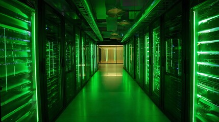 Gleaming green server room corridor with rows of glowing data racks and modern technology