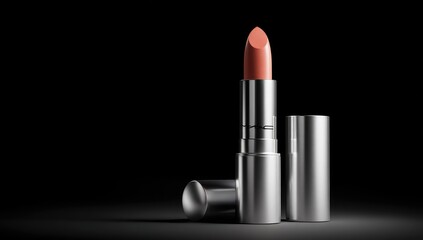 Studio shot of a light peach lipstick in a metallic silver casing