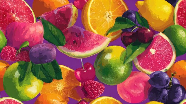 Colorful, vibrant fruit assortment with various shapes, colors, and textures on purple