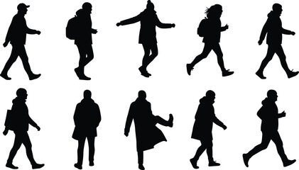 Silhouettes of walking people, casual and formal outfits, diverse poses, travel bags, family scene, urban lifestyle, vector illustration design