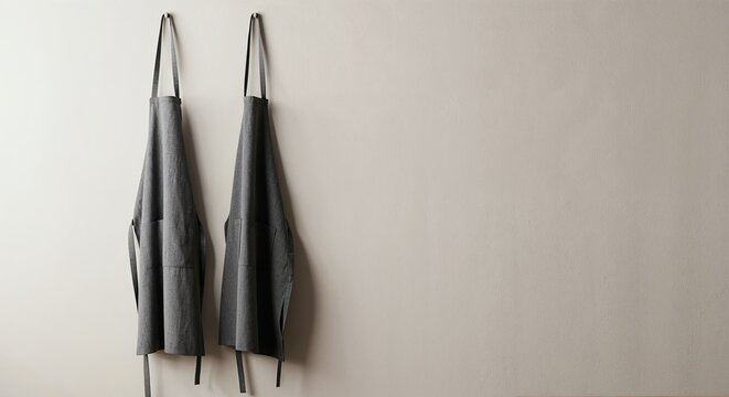 Matching aprons in kitchen hanging on wall with bright light and clean minimalist composition