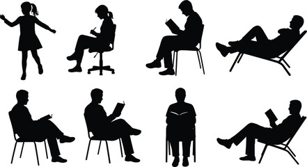 Silhouettes reading, writing, sitting on chair, relaxing pose, children, adults, book posture, vector pack, black, white lifestyle illustration