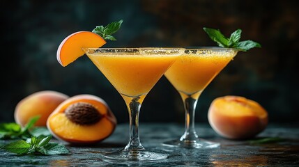 Two peach cocktails garnished with fresh mint leaves and peach slices