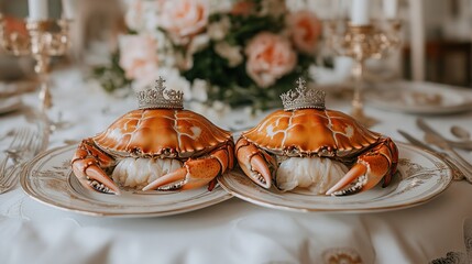 Two ornate crabs, topped with miniature crowns, displayed on elegant plates