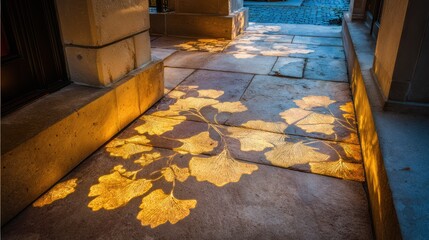 Ginkgo leaves patterned in warm light shine on a stone walkway beneath a building's porch