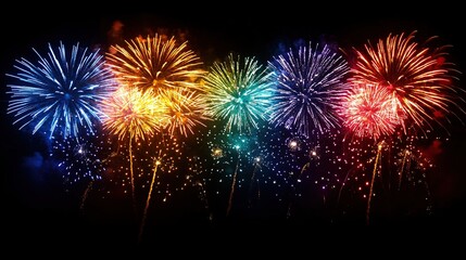 Vibrant fireworks explode in a spectrum of colors against a dark night sky
