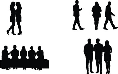 Silhouettes walking, talking, sitting, diverse communication, teamwork posture, social interaction, black, white, vector people pack, lifestyle illustration