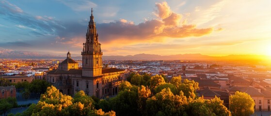 Breathtaking sunset view over historic city with grand cathedral and lush trees skyline scenery