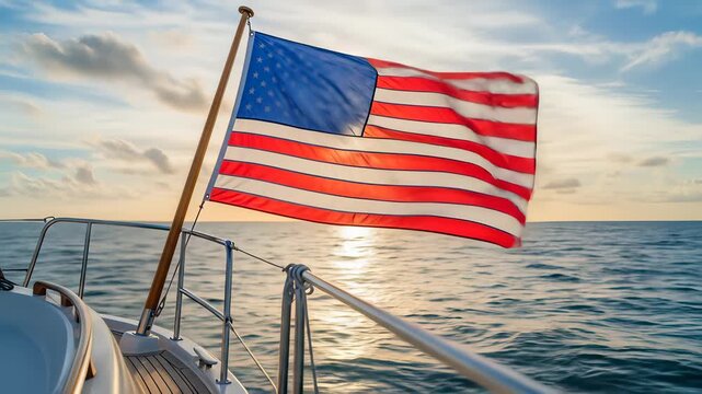 Proud American Flag Waving on Boat at Sea During Golden Hour Sunset