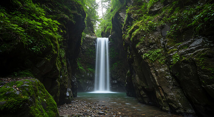 Majestic waterfall cascades through a lush green canyon in Switzerland with natural beauty and