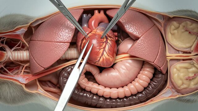 3D Medical Illustration of Human Torso Anatomy with Exposed Internal Organs and Surgical Instruments