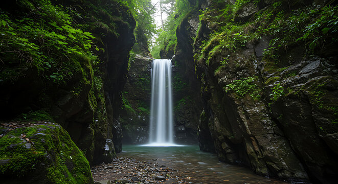 Majestic waterfall cascades through a lush green canyon in Switzerland with natural beauty and
