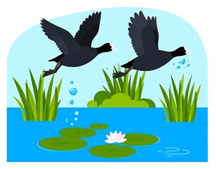 Illustration of two coots soaring above a tranquil pond dotted with lily pads and a single water
