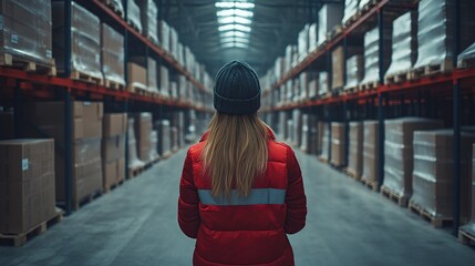 Warehouse worker looks down a long aisle filled with  stacked boxes