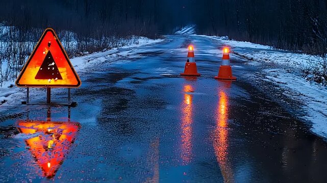 Road hazard sign and cones on flooded road in winter