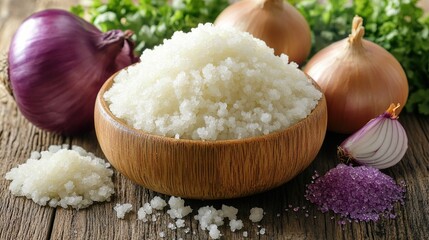White granulated salt in a wooden bowl, surrounded by onions